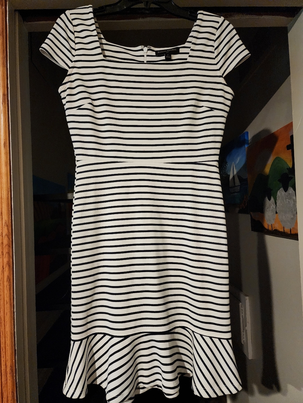 Banana Republic Black and White Striped Fit-and-Flare Dress